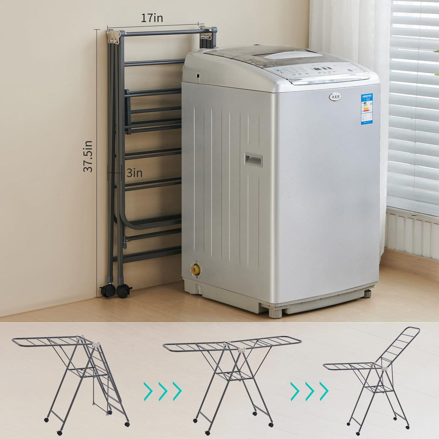 Kaixin Rabbit Zusammenklappbarer Wäscheständer，Und Habe 18 stangen，Räder können festgestellt Werden，Wäscheständer aus Metall，Rostschutzbehandlung，Kann drinnen und draußen verwendet Werden