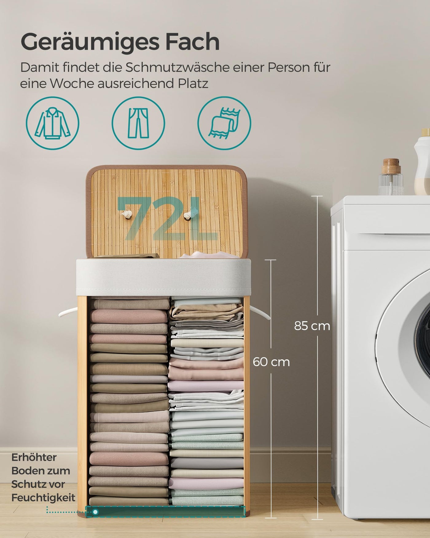 SONGMICS Wäschekorb mit Deckel, 72 L, Wäschekorb aus Bambus, faltbar, mit abnehmbarem waschbarem Beutel, Griffen, für Waschküche, Schlafzimmer, Holzfarbe LCB10Y