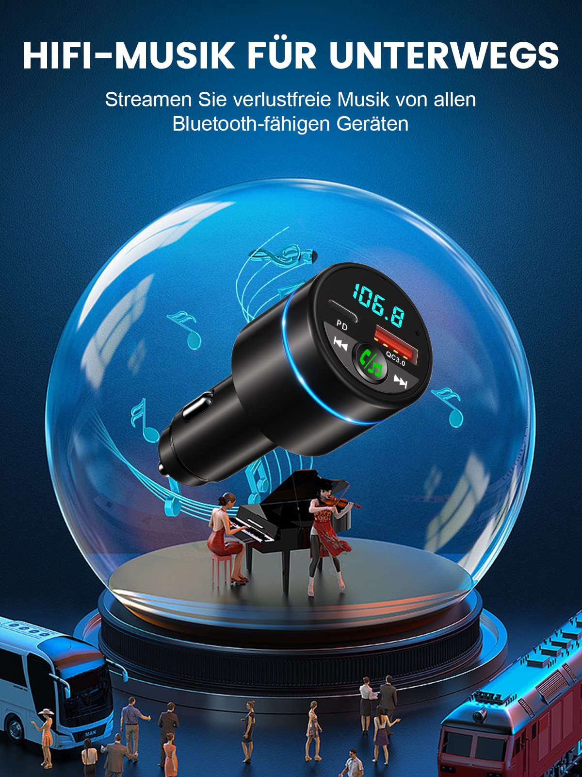 Mohard Bluetooth Adapter Auto, Ganzmetall FM Transmitter Auto Bluetooth mit PD 30W & QC3.0 18W Schnellladung, Freisprechanlage Bluetooth5.3, Rauschunterdrückung Mikrofon, 7 Farbige Licht