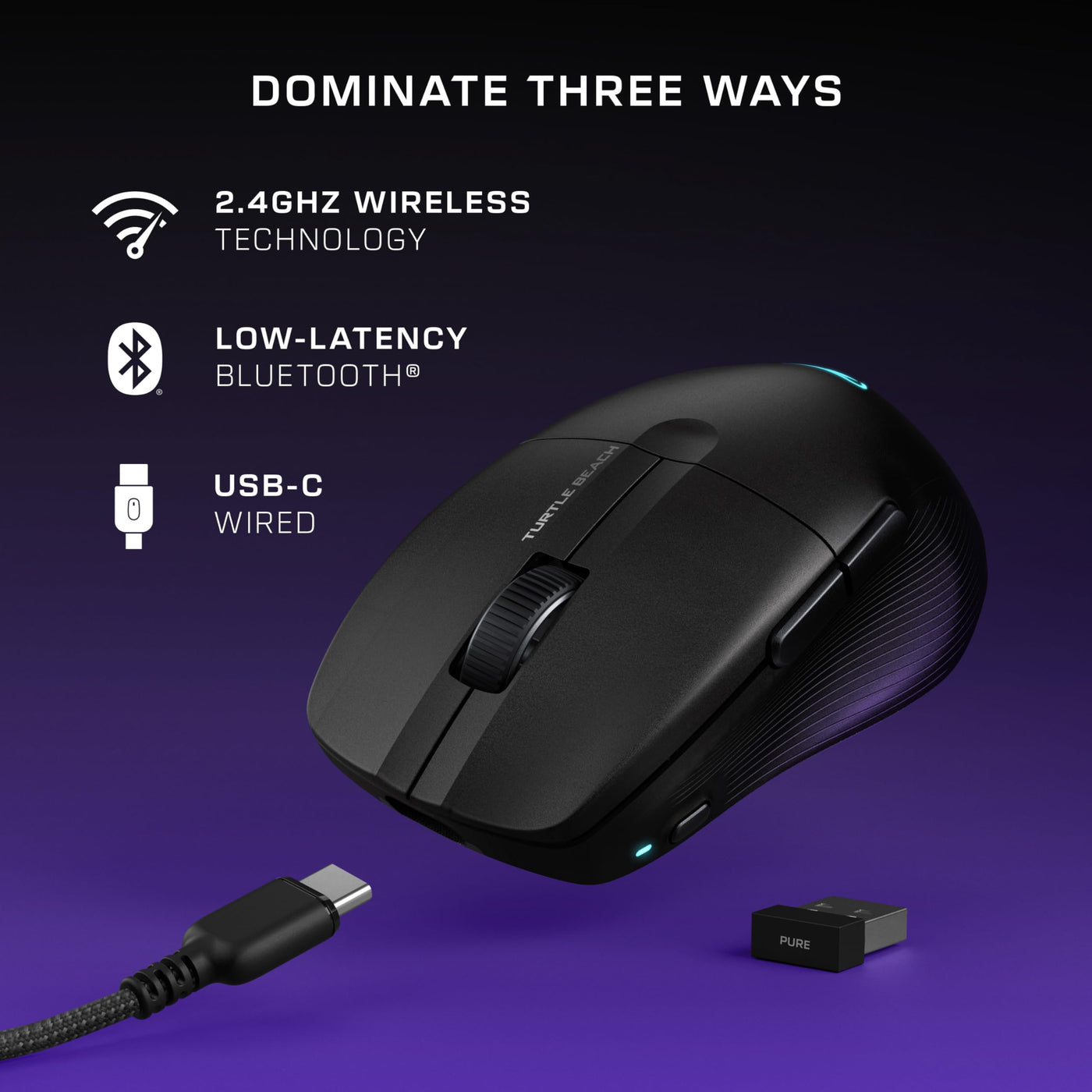 Turtle Beach Pure Air – Ultraleichte, kabellose und ergonomische RGB-Gaming-Maus, optischer Sensor mit 26.000 DPI, 125h Akkulaufzeit - Schwarz