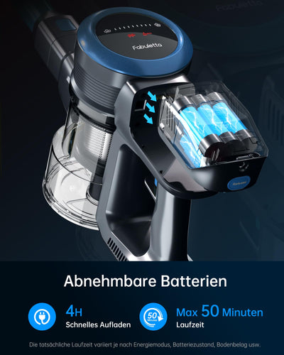 FABULETTA Akku Staubsauger, 6 in 1 Staubsauger Kabellos bis zu 50Min. Laufzeit, Leicht Akkusauger mit LED Display & Anti-Tangle-Bürste, für Teppich, Hartboden und Tierhaare (Blau)