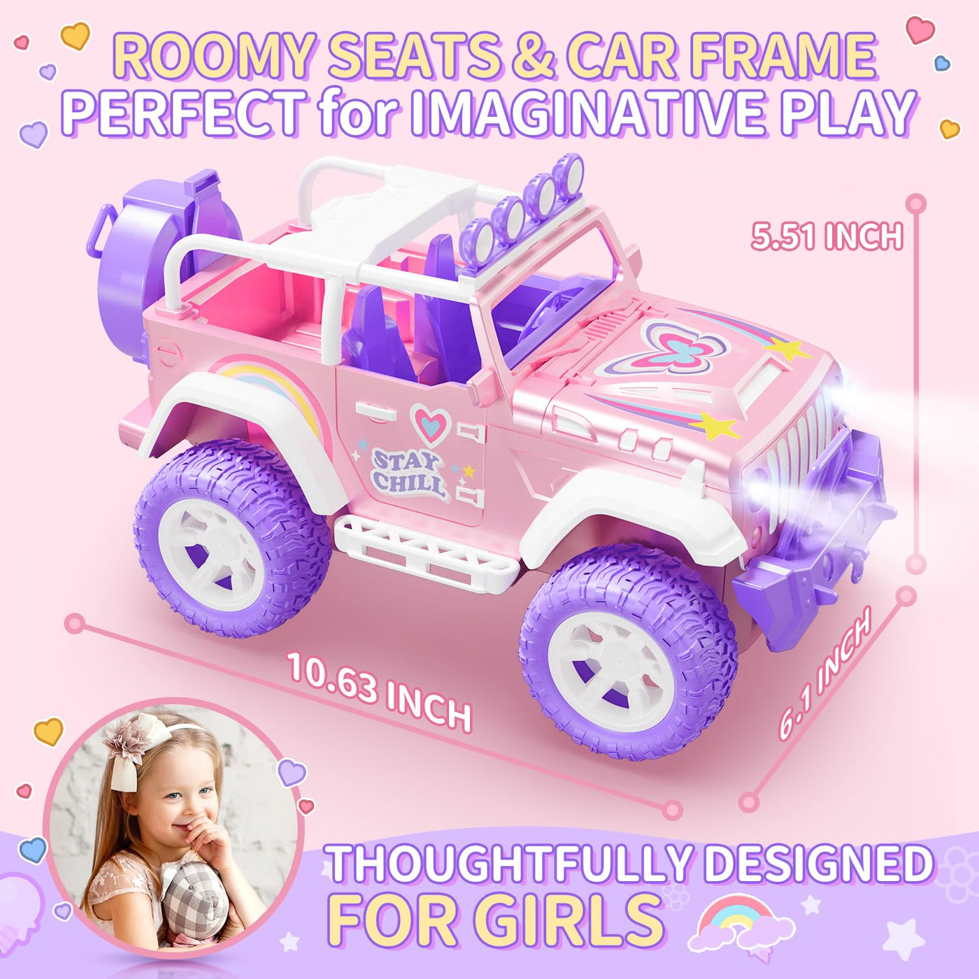 DEERC Pink Ferngesteuertes Auto für Mädchen mit Nebel und Musik, 1:16 RC Auto mit LED-Lichtern für Kinder, All-Terrain SUV Truck Geschenke, Geländewagen Spielzeugauto, Mädchen Spielzeug DE86-PI-DE4