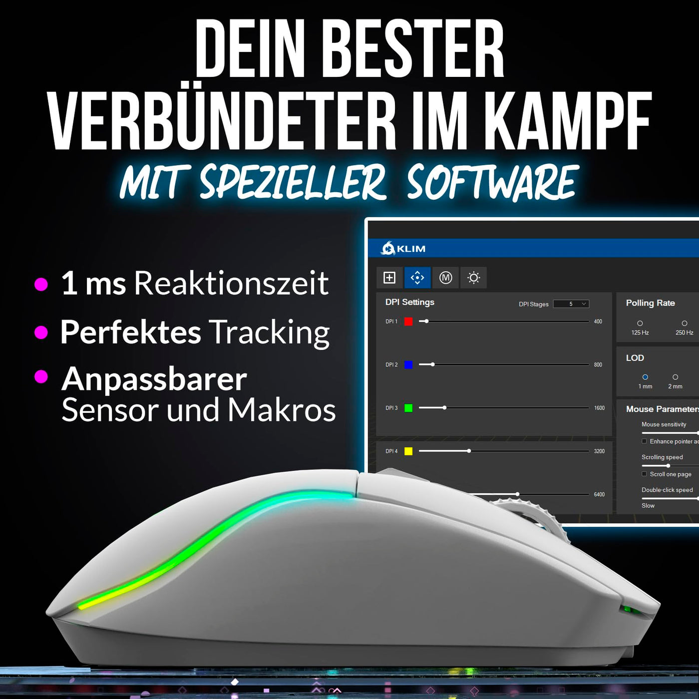 KLIM Blaze Y Wiederaufladbare kabellose Maus - NEU - Gaming Maus mit RGB und Ladestation - Hochpräziser Sensor und langlebiger Akku - Bis zu 6000 DPI - Kabel- und Wireless Mouse für PC - Weiß