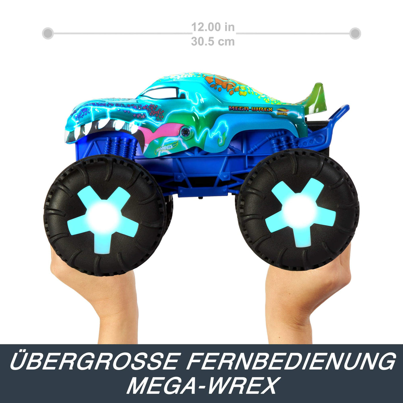 Hot Wheels Monster Trucks Ferngesteuertes Auto, Spielzeugtruck, übergroßer Mega-Wrex Alive im Maßstab 1:15 mit Fernbedienung, 3 ferngesteuerte Spielmodi mit interaktiven Lichtern und Geräuschen, JBD90