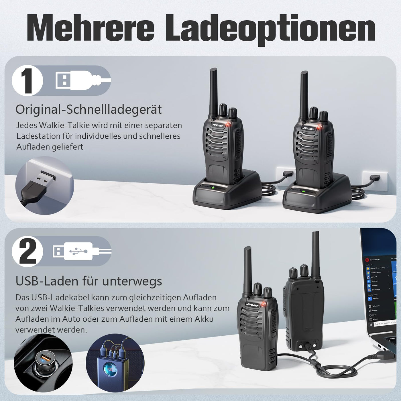 JUCJET 88E Walkie Talkie,Lizenzfrei PMR446 16 Kanäle Funkgeräte,2W Funkempfang 16 Kanäle 3-5 Meile Reichweite Sprechfunkgerä,Mit USB-Ladestation und Headset, (Schwarz, 4 Stück)