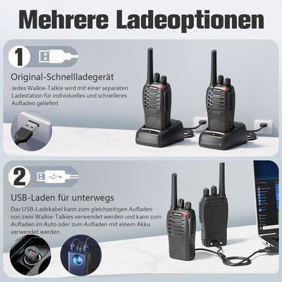 JUCJET 88E Walkie Talkie, Lizenzfrei PMR446 16 Kanäle Funkgeräte, Handfunkgerät Eingebauter LED Taschenlampe. 2-in-1 Type-C Charging Cable mit USB-Ladestation und Headset (Schwarz, 2 Stück)