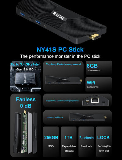 AWOW Mini PC Stick, Gen12 N100 Quad Core 3.40 GHz, Mini Computer Stick 8 GB DDR4 256 GB ROM, Wi-11 Pro mit Unterstützung für HDMI 2.0 und Mini DP 1.2 Dual 4K@60Hz, Gigabit Ethernet Port