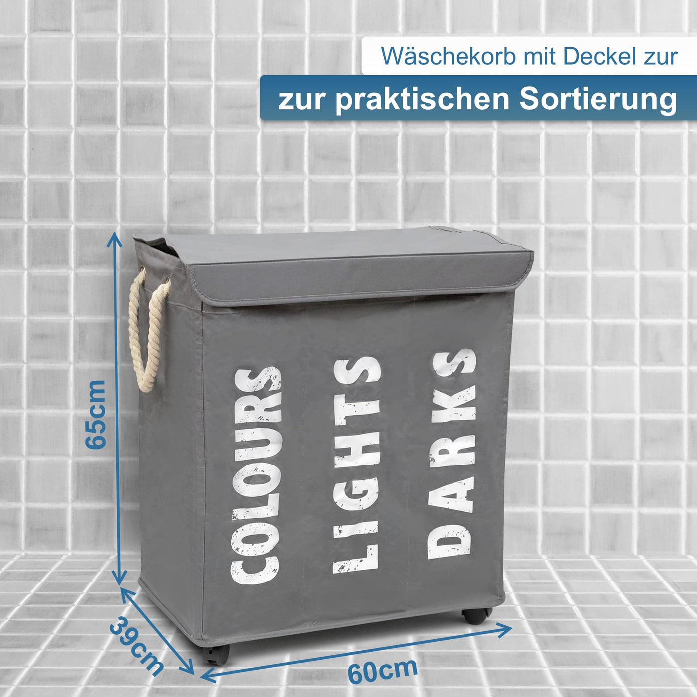 hausratplus osoltus Wäschebox - Wäsche-Sortierer mit Deckel & Rollen - Bad-Organzier - Wäschekorb - Wäschetruhe - Badezimmer Wäsche-Sortiersystem - Grau