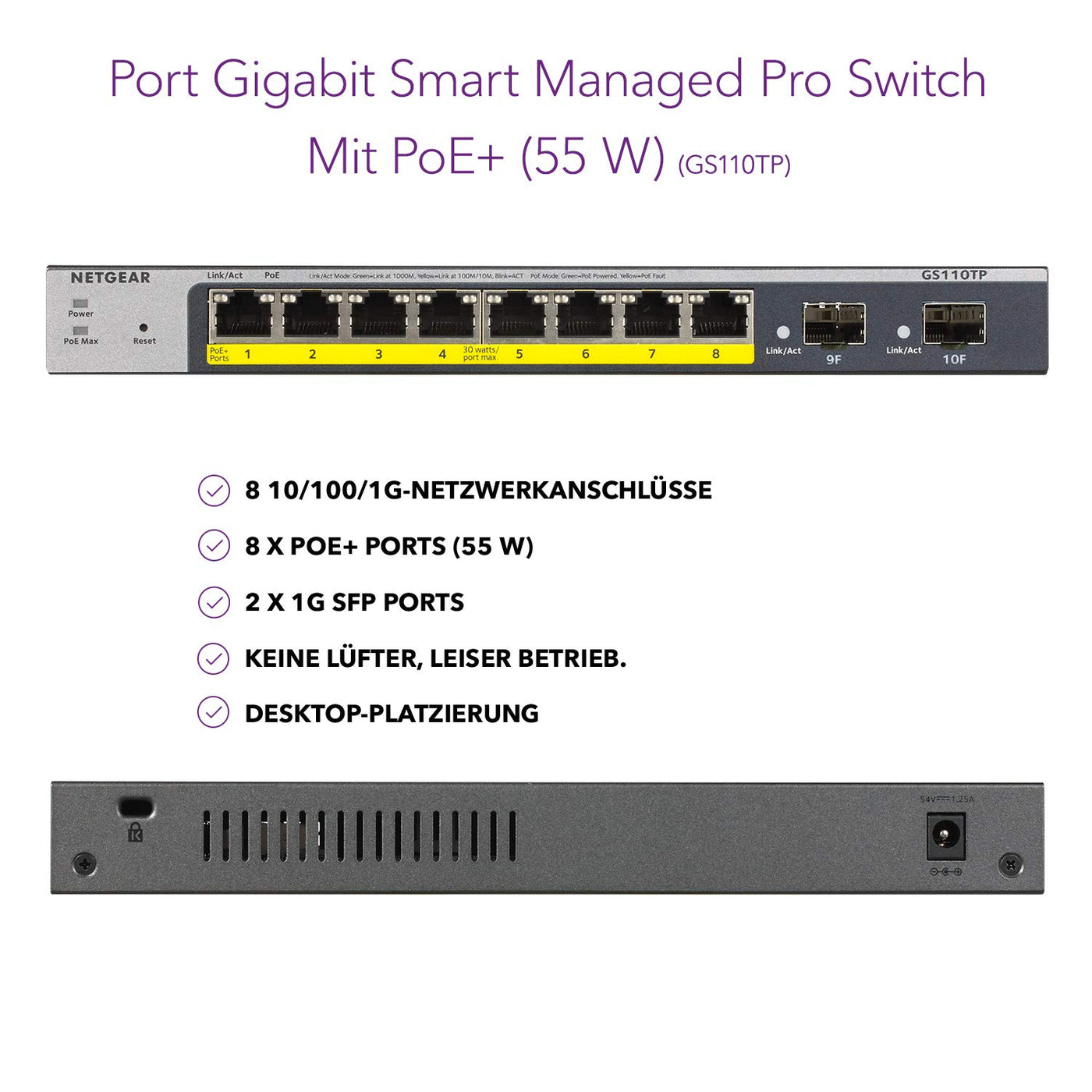 NETGEAR GS110TP 10 Port Gigabit Ethernet LAN PoE Switch Smart (Managed mit 8x PoE+ 55W, 2x 1G-SFP, lokales Management oder Remote per Insight Cloud, lüfterlos, ProSAFE Lifetime-Garantie)