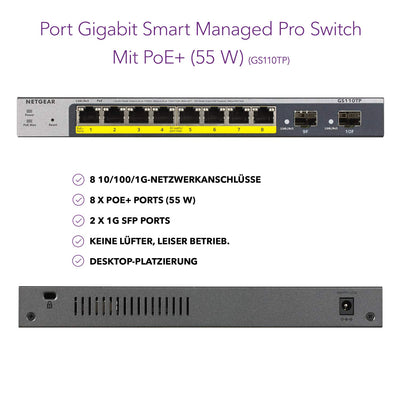 NETGEAR GS110TP 10 Port Gigabit Ethernet LAN PoE Switch Smart (Managed mit 8x PoE+ 55W, 2x 1G-SFP, lokales Management oder Remote per Insight Cloud, lüfterlos, ProSAFE Lifetime-Garantie)