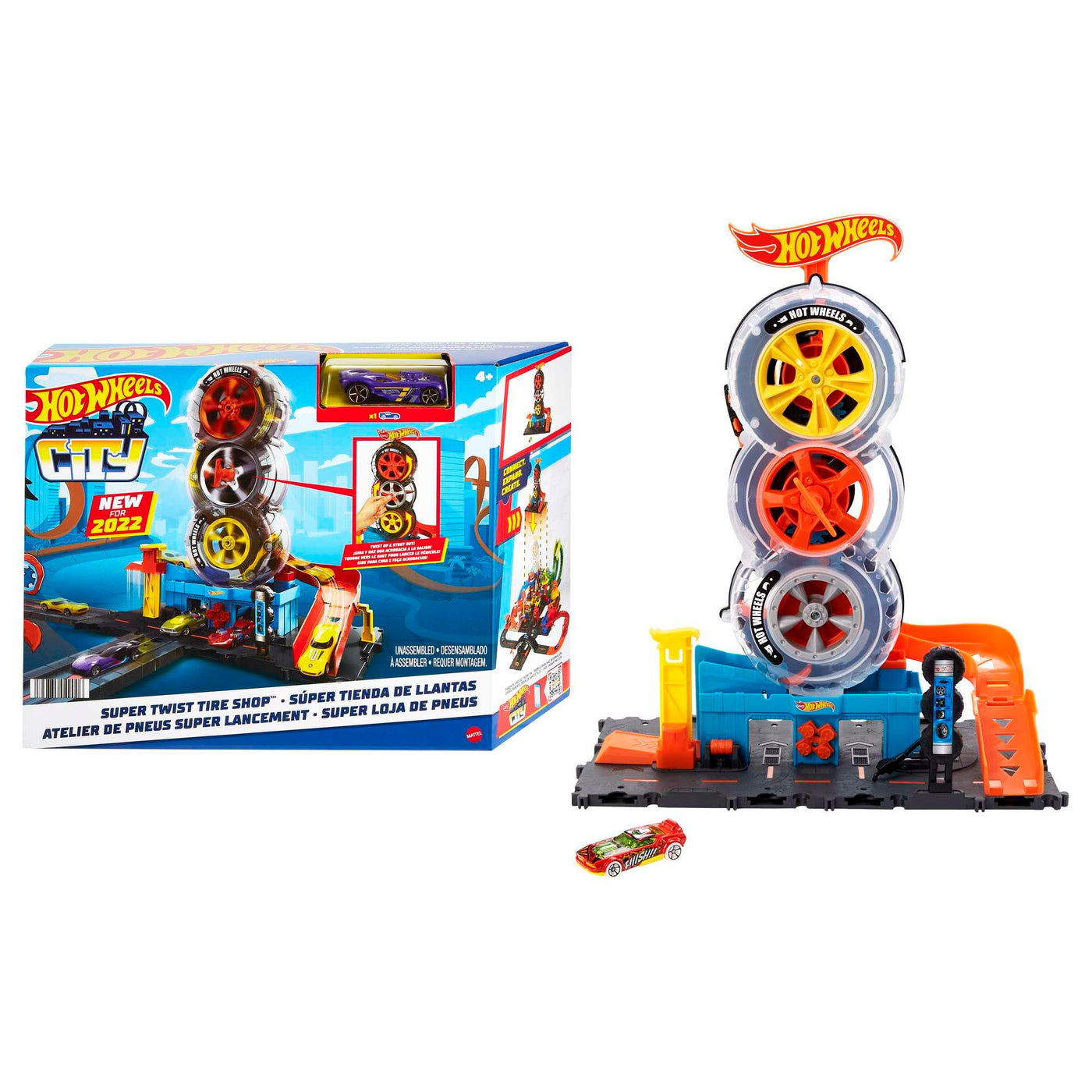 Hot Wheels HDP02 - City Super Reifenshop Spielset, mit Einer Schlüsseldrehung die Autos durch die Reifen schicken, enthält 1 Hot-Wheels-Fahrzeug, Spielzeug Geschenk für Kinder von 4 bis 8 Jahren