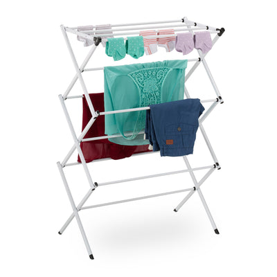 Relaxdays Wäscheständer klappbar, 11 Stangen, 6 Ebenen, HBT: 105x73x37 cm, Wäscheturm, Metall Wäschegestell, weiß