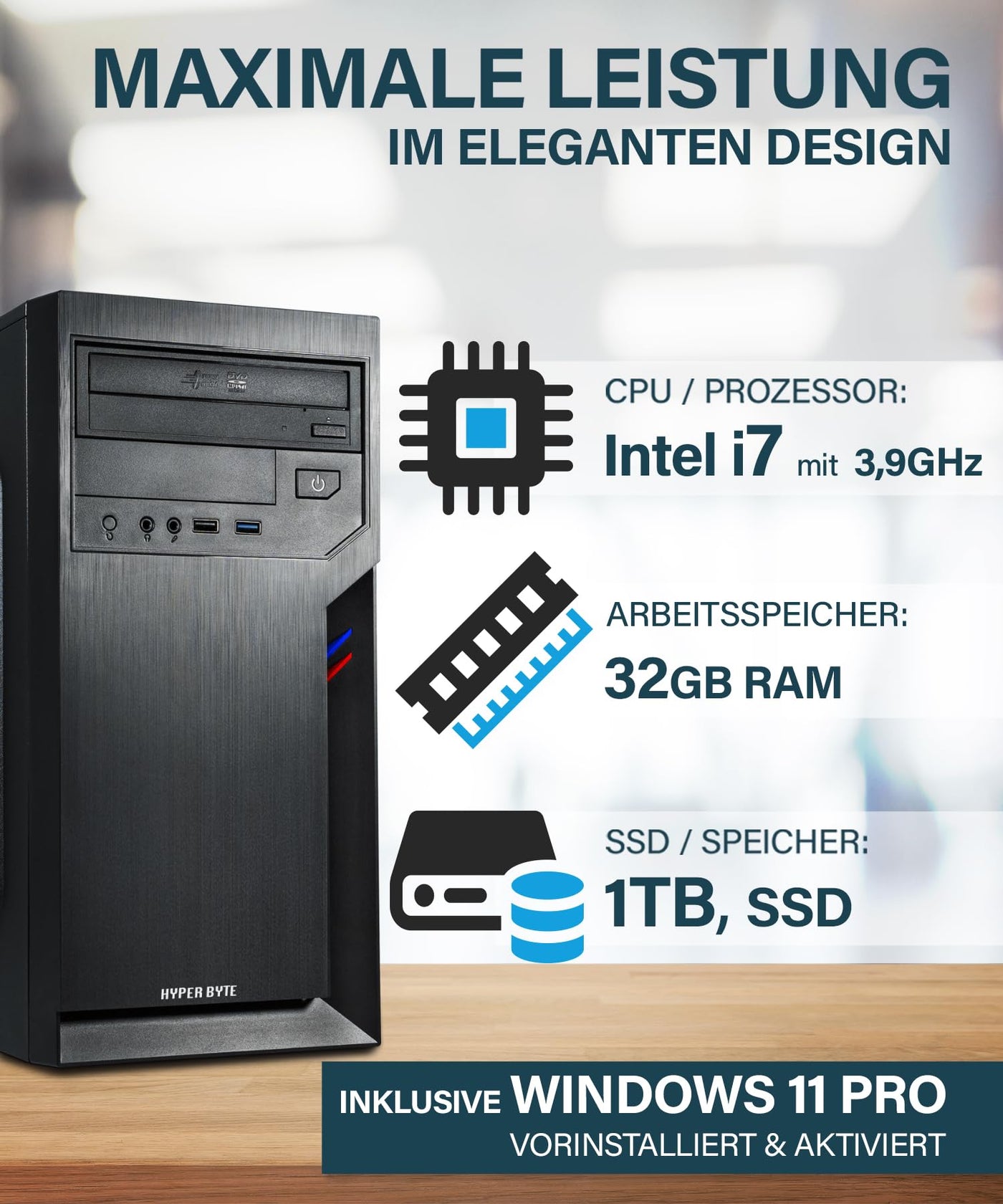 HYPER BYTE® Office PC – Computer mit Intel Quad Core i7 mit 3,9 GHz | 32 GB RAM | 1TB SSD Festplatte | Win 11 Pro | WLAN | DVD+RW | USB 3.0 | High End Office Tower-Pc