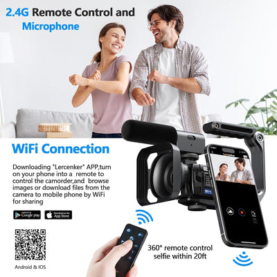 Videokamera 5K 56MP Camcorder Vlogging Kamera für YouTube,WiFi Nachtsicht 3" 270° drehbarer Touchscreen Video Vlogging Camera mit 64GB Karte, Mikrofon, Stabilisator, Fernbedienung,2 Batterien,Stativ