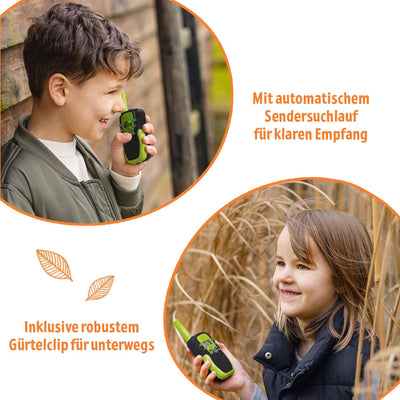 Moses. Expedition Natur Walkie-Talkie, 2 Walkie-Talkies für Kinder ab 6 Jahren, bis zu 3 km Reichweite, 22 Kanäle, 2er Set Funkgeräte mit integrierter Taschenlampe & Gürtelclip, Outdoor-Spielzeug
