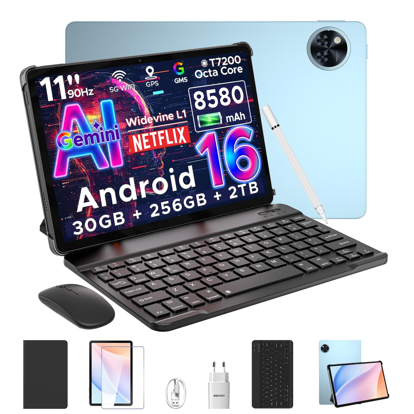 DOOGEE U11 Pro Android 16 Tablet 11 Zoll Gemini AI, 30GB+256GB (2TB TF) Gaming Tablets, 8580mAh, 90Hz Display, WiFi 5, T7200 Octa Core, 13MP+5MP, Tablet mit Tastatur, Stift, Maus, Hülle [2025]