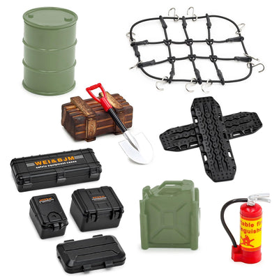 Ezweiji RC Crawler Car Dachdekoration 12-in-1 Tankaufbewahrungsbox, Gepäcknetz, Schaufel, Für Traxxas Desert Racer Slash Axial 1/18 TRX4M 1/24 SCX24 RC Crawler Car Truck Dachträger (Schwarz+Grün)