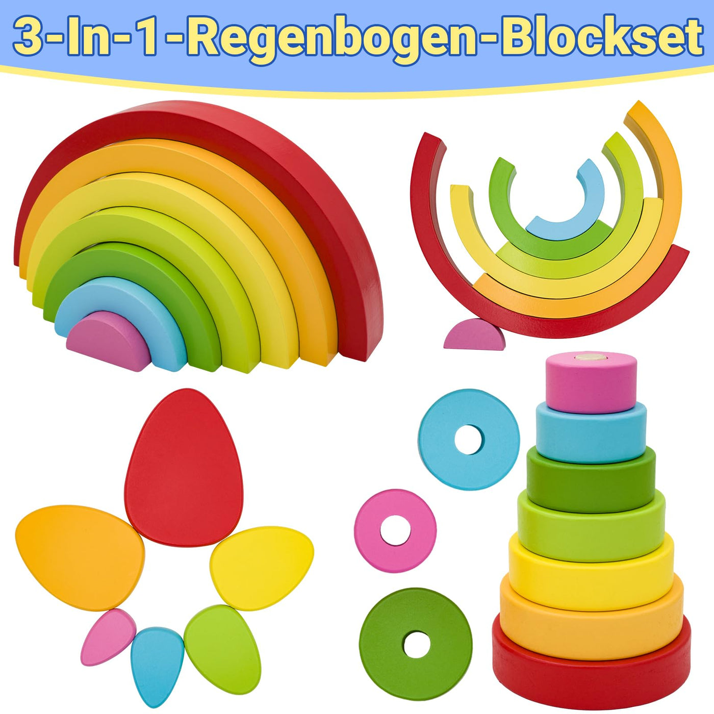 RunHero 3-in-1 Montessori Stapelspielzeug Holzbausteine Regenbogen Motorikspielzeug Grimms Bauklötze ab 1 Jahr Baby Geschenk für 2 3 4 5 Jahr Kinder