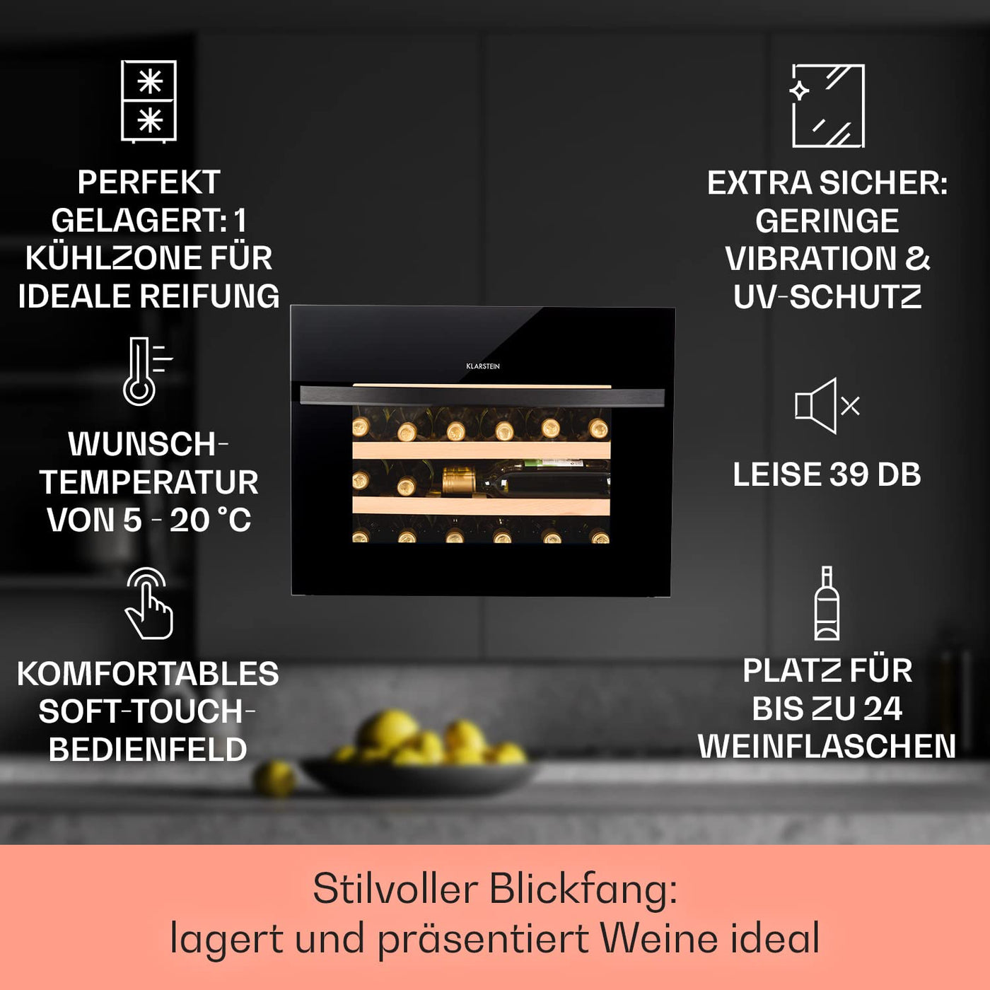 Klarstein Einbau-Weinkühlschrank, 1 Zonen Getränkekühlschrank Klein, Kleiner Weinschrank 51L, Wein-Kühlschrank Klein mit Glastür, Indoor/Outdoor Flaschenkühlschrank, Wine Fridge 24 Flaschen