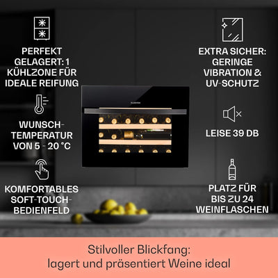 Klarstein Einbau-Weinkühlschrank, 1 Zonen Getränkekühlschrank Klein, Kleiner Weinschrank 51L, Wein-Kühlschrank Klein mit Glastür, Indoor/Outdoor Flaschenkühlschrank, Wine Fridge 24 Flaschen