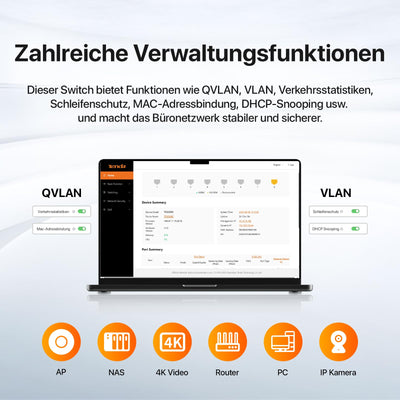Tenda TEG208E Managed Switch 8 Port Gigabit Netzwerk Switch (IGMP-Snooping, QoS, VLAN, DHCP- Snooping, LAG, MAC Address Binding, Lüfterlos, Energieeffizient, Metall) LAN Verteiler LAN Splitter