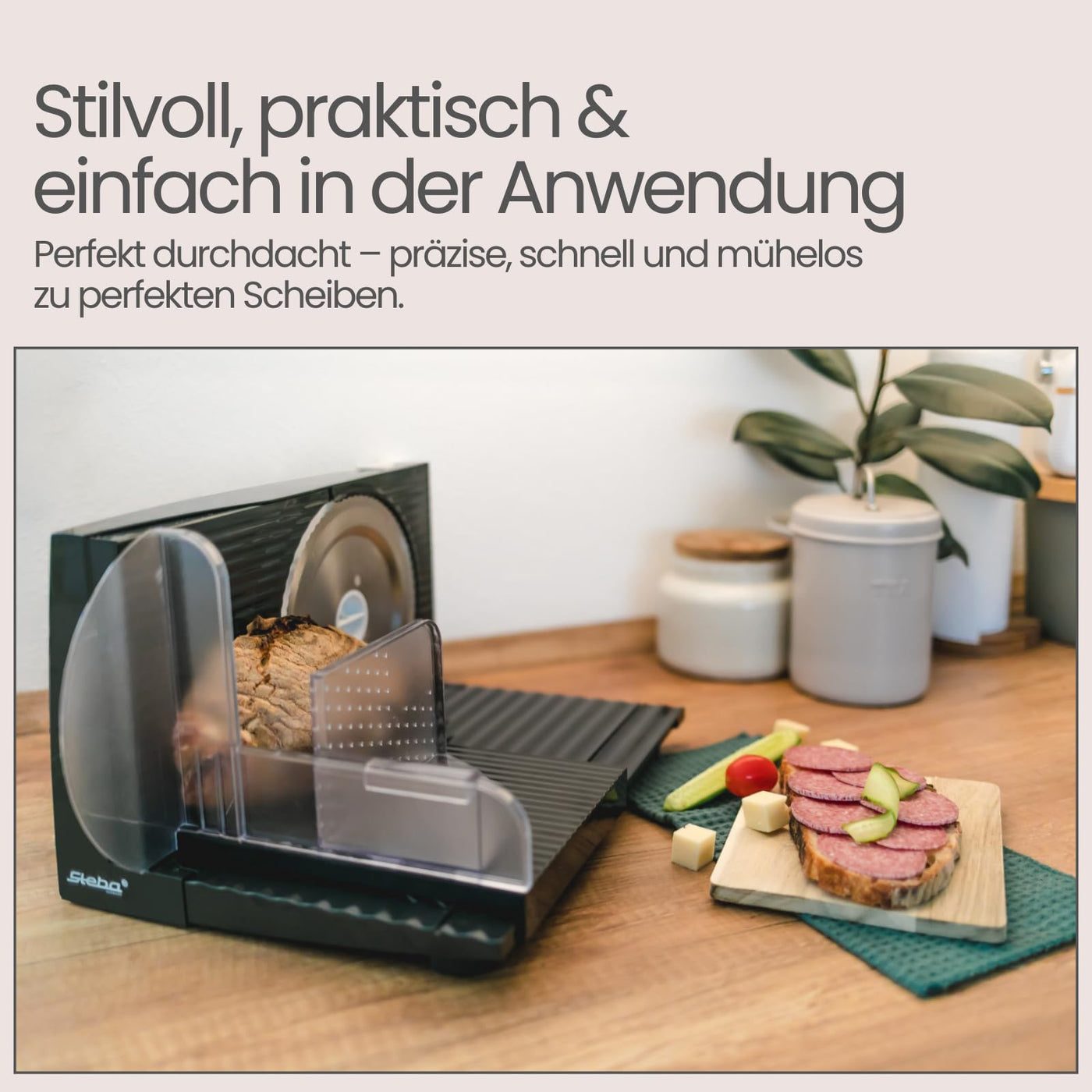 Steba Allesschneider, platzsparend, Made in EU, Edelstahlmesser, Schnittstärke bis 17mm einstellbar, doppelter Sicherheitsschalter, inkl. Handschutz, AS100