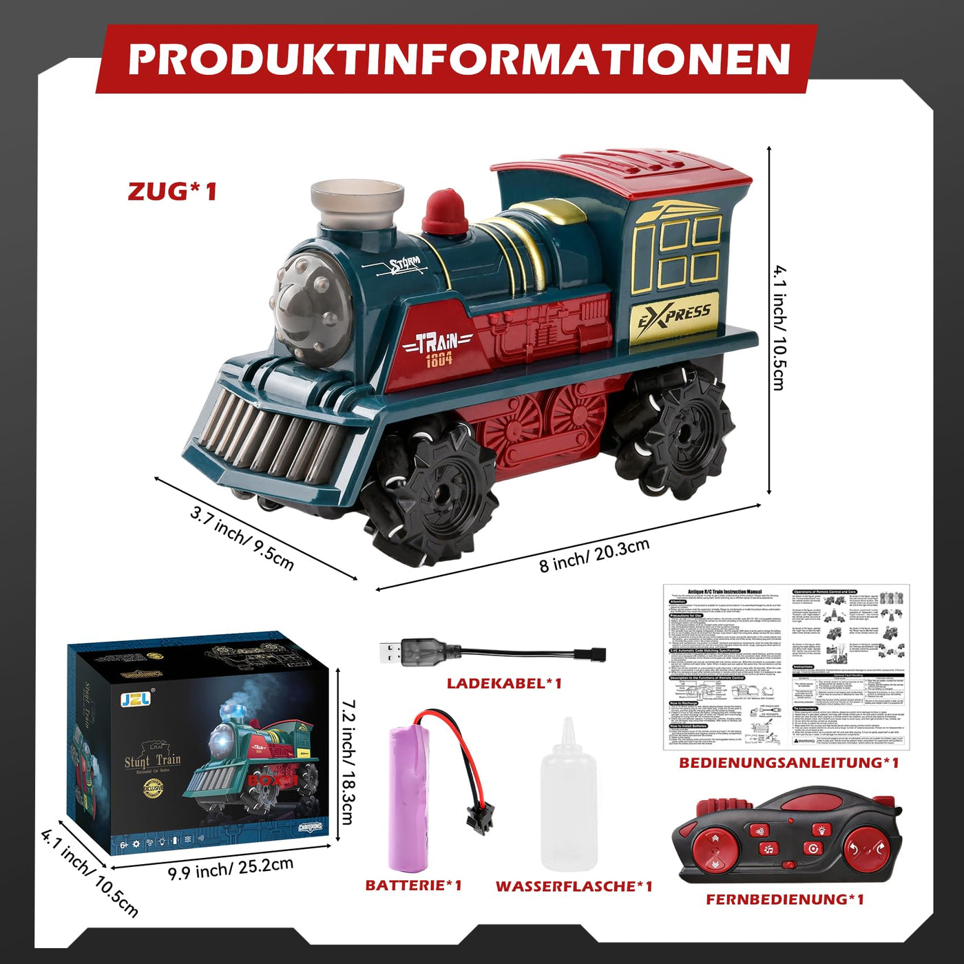 LTFIOON Ferngesteuertes Zug Spielzeug, 2.4GHz RC Dampflok mit Dampf, Licht & Sound, 4WD Eisenbahn mit Fernbedienung, 360° Drehung,Ferngesteuertes Auto Kinder ab 6 Jahren