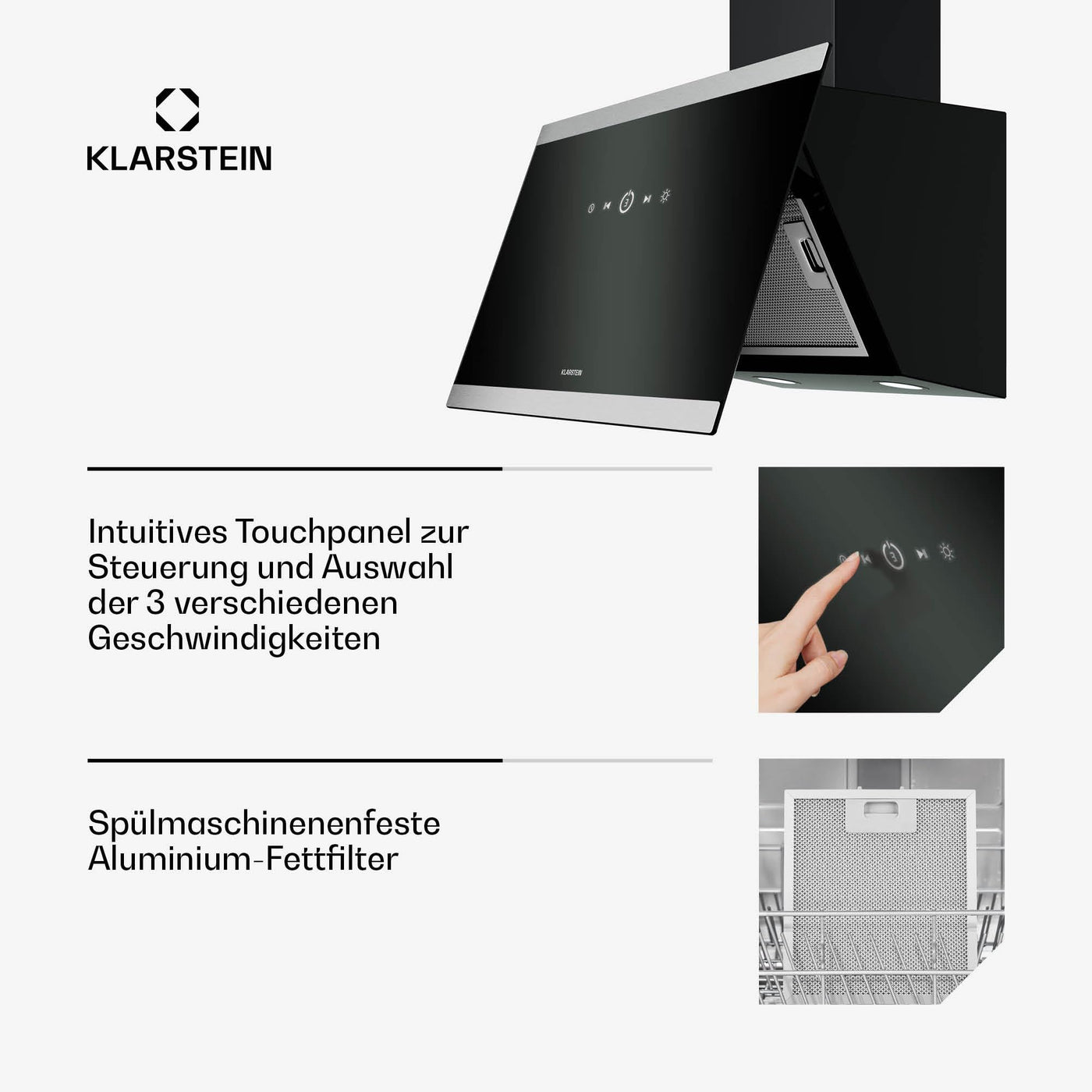 Klarstein FlashLine Dunstabzugshaube – 60 cm Kopffreihaube, Touchscreen, 524 m³/h, A++ Energieeffizienz, LED-Beleuchtung, leise 34,5 dB, Schwarz, Abluft- und Umluftbetrieb