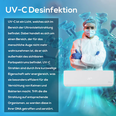 Tronitechnik® Reykir Split Klimaanlage Inverter Splitgerät mit UVC Luftsterilisation, Kühlung Heizung Ventilation Entfeuchtung, Fernbedienung, WiFi App-Steuerung (9000 BTU) inkl. Montagematerial