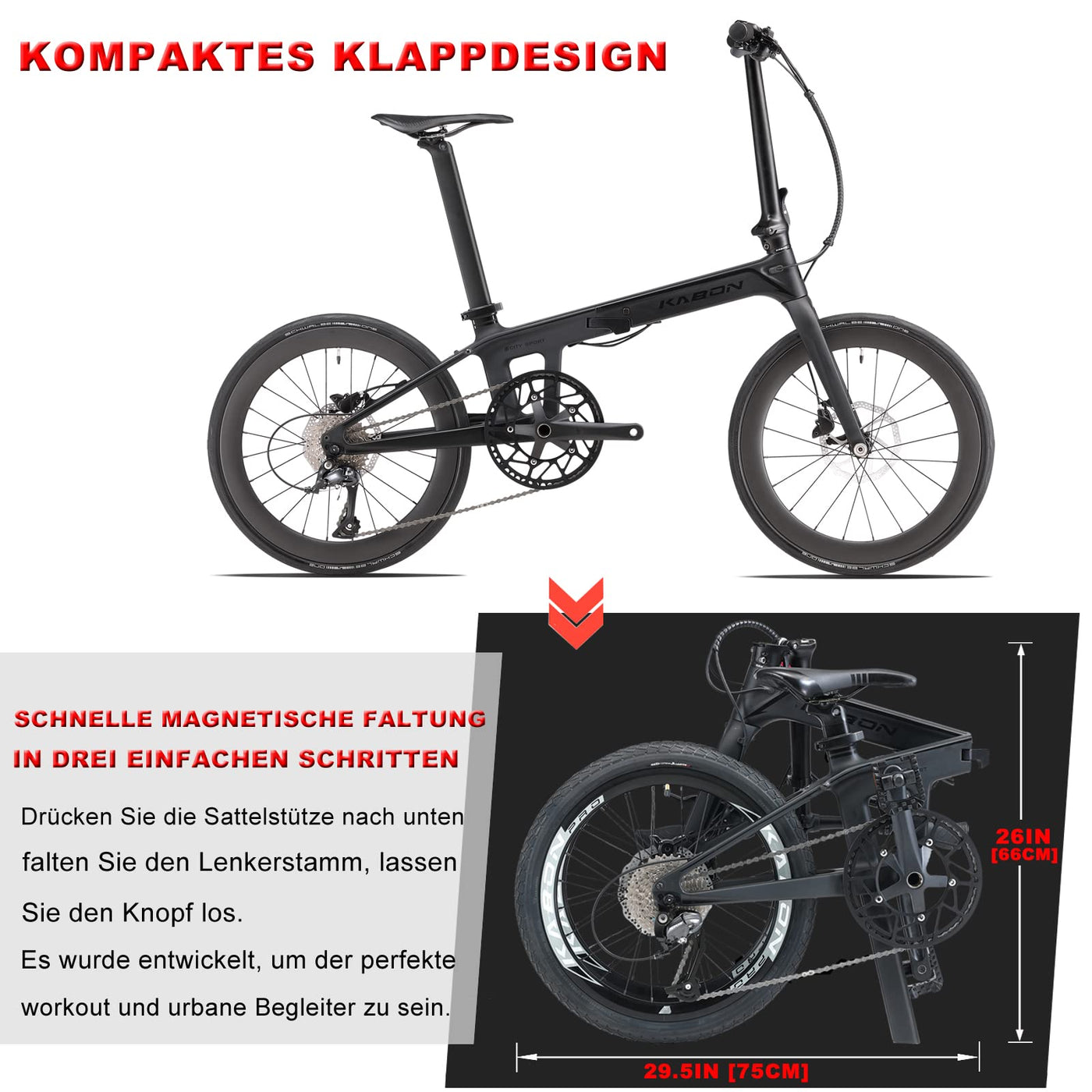 KABON Neues Upgrade Faltrad, 20 Zoll Carbon Fiber Rahmen mit Carbon Laufradsatz 9 Speed Mini City Bike Faltbares Fahrrad für Frauen Erwachsene Männer Ultra-Light (Schwarz)