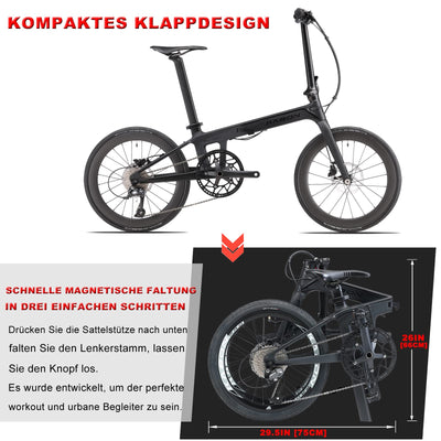 KABON Neues Upgrade Faltrad, 20 Zoll Carbon Fiber Rahmen mit Carbon Laufradsatz 9 Speed Mini City Bike Faltbares Fahrrad für Frauen Erwachsene Männer Ultra-Light (Schwarz)