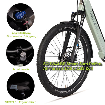 DERUIZ Quartz SUV E-Bike 27,5 Zoll E-Mountainbike mit 644Wh Akku, 250W 55Nm Motor, Hydraulische Bremsen, 8-Gang-Kettenschaltung, RH 46 cm Offroad & City Elektrofahrrad für Damen und Herren, Max 150km