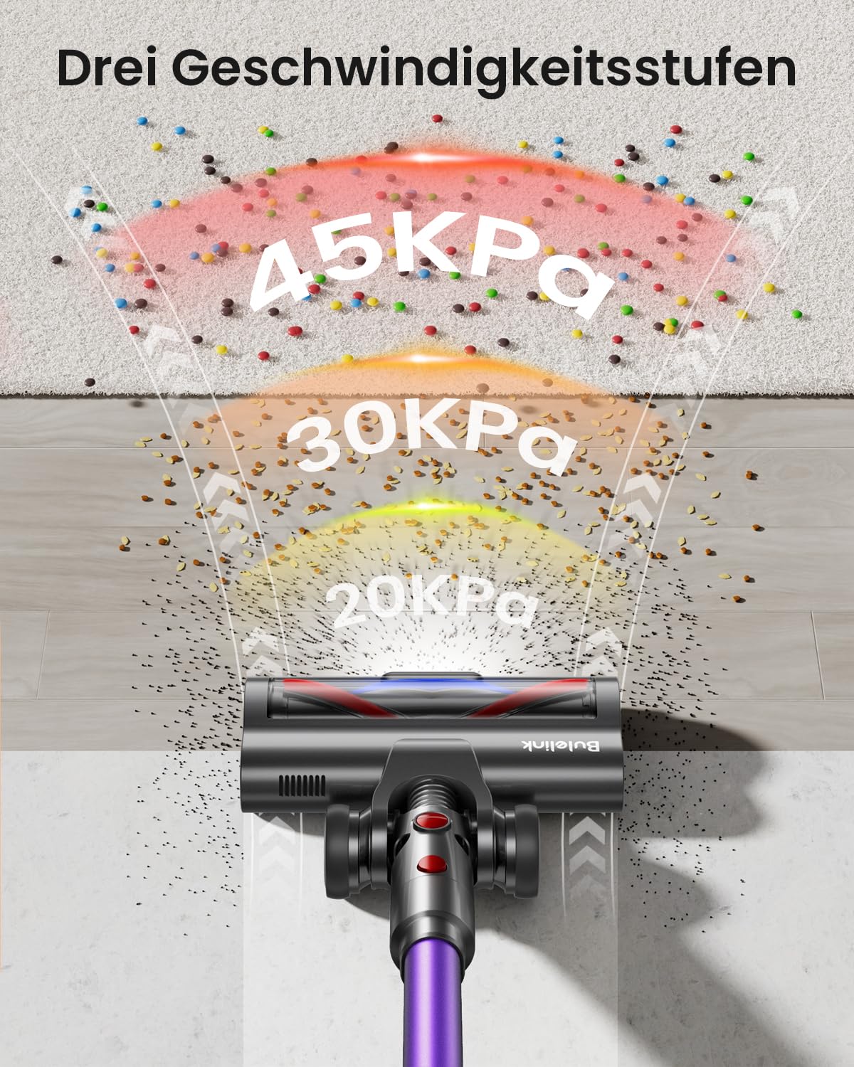 Bulelink Akku Staubsauger 45KPA/550W/70Mins, Staubsauger Kabellos mit OLED Smart Screen und Kombination von Weichen und Harten Borsten Bodenbürste, Wandmontage Wiederaufladbare 1.8L Akkustaubsauger