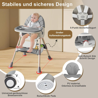 LINELUCK Hochstuhl Baby 6in1 Kinderhochstuhl mit Babyliege und Baby Schaukelstuhl, Verstellbar Klappbar Hochstuhl Baby mit Essbrett und Rollen,Korb, mitwachsend ab 6 Monate bis 6 Jahre Babystuhl