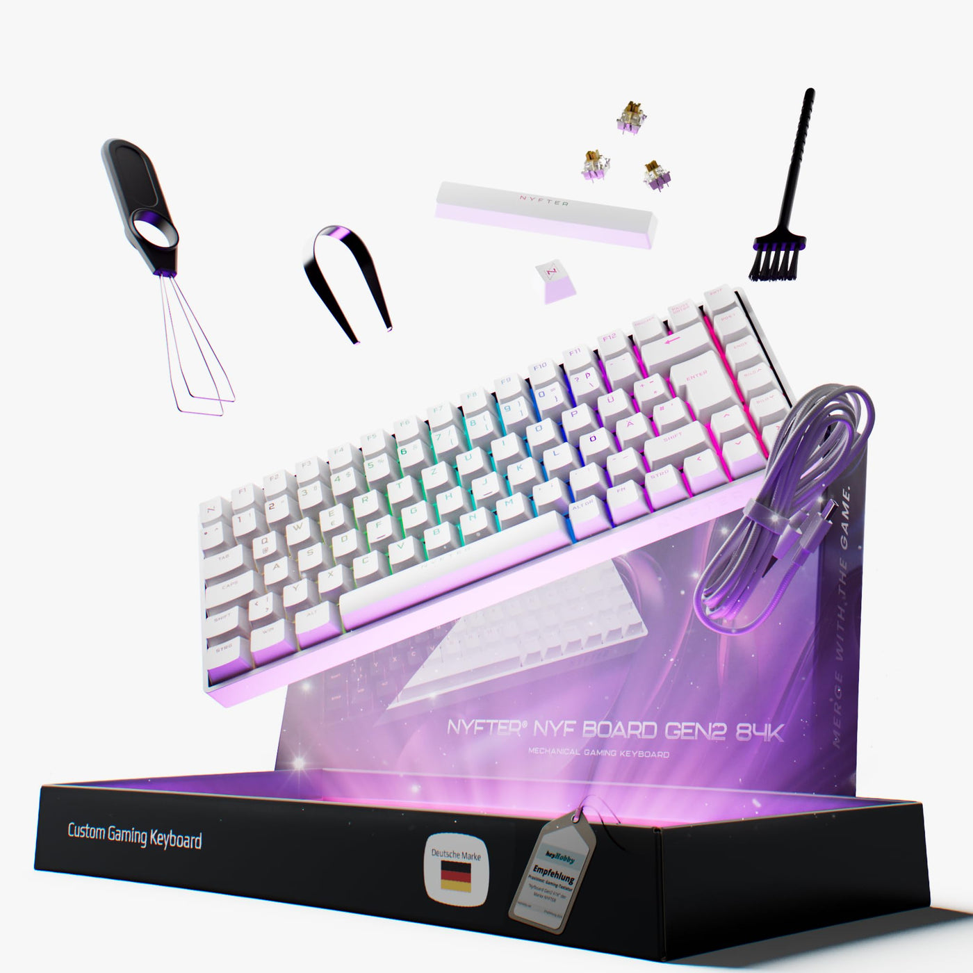 Nyfter - 75% Gaming Keyboard - NYFBOARD GEN2 Gaming Computer Tastatur mit Gateron Yellow Switches - HOT-SWAPPABLE mechanisch RGB-Hintergrundbeleuchtung ISO-DE Layout für Gamer (White, 75%)