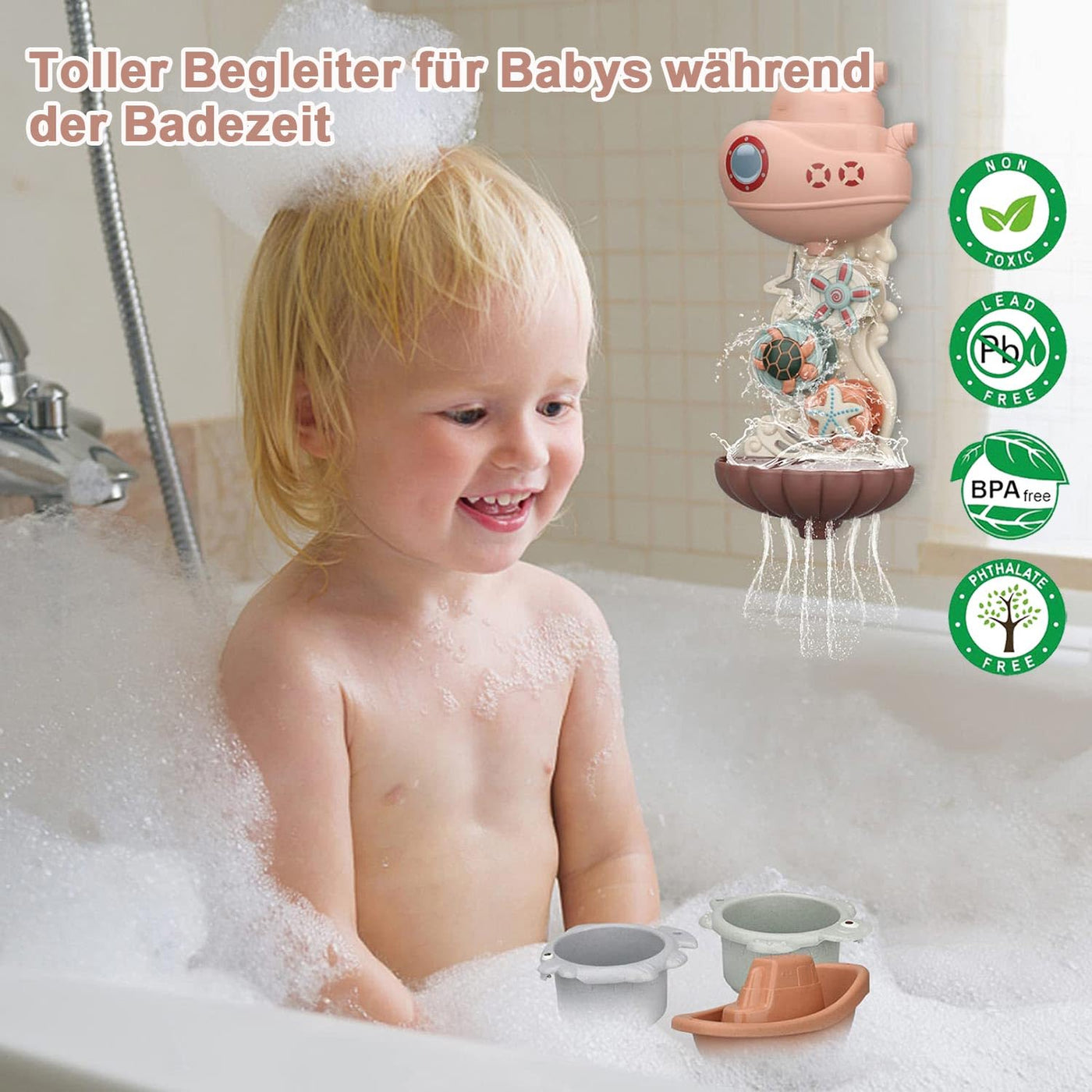 Badewannenspielzeug ab 1 Jahr - Wasserspielzeug Kinder Badespielzeug Baby ab 1 2 3 Jahre Geschenk Mädchen und Junge mit Ozean-Tier-Wasser-Spielbecher und rotierende Scheiben