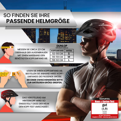 Dunlop Sports Fahrradhelm mit Licht-Sofort gesehen Werden-Ultraleichter Spezial Damen Herren Kinder Fahrrad Helm mit Visier und Rücklicht für hohe Sicherheit-Urban Helm (Schwarz/Rot, M (55-59 cm))