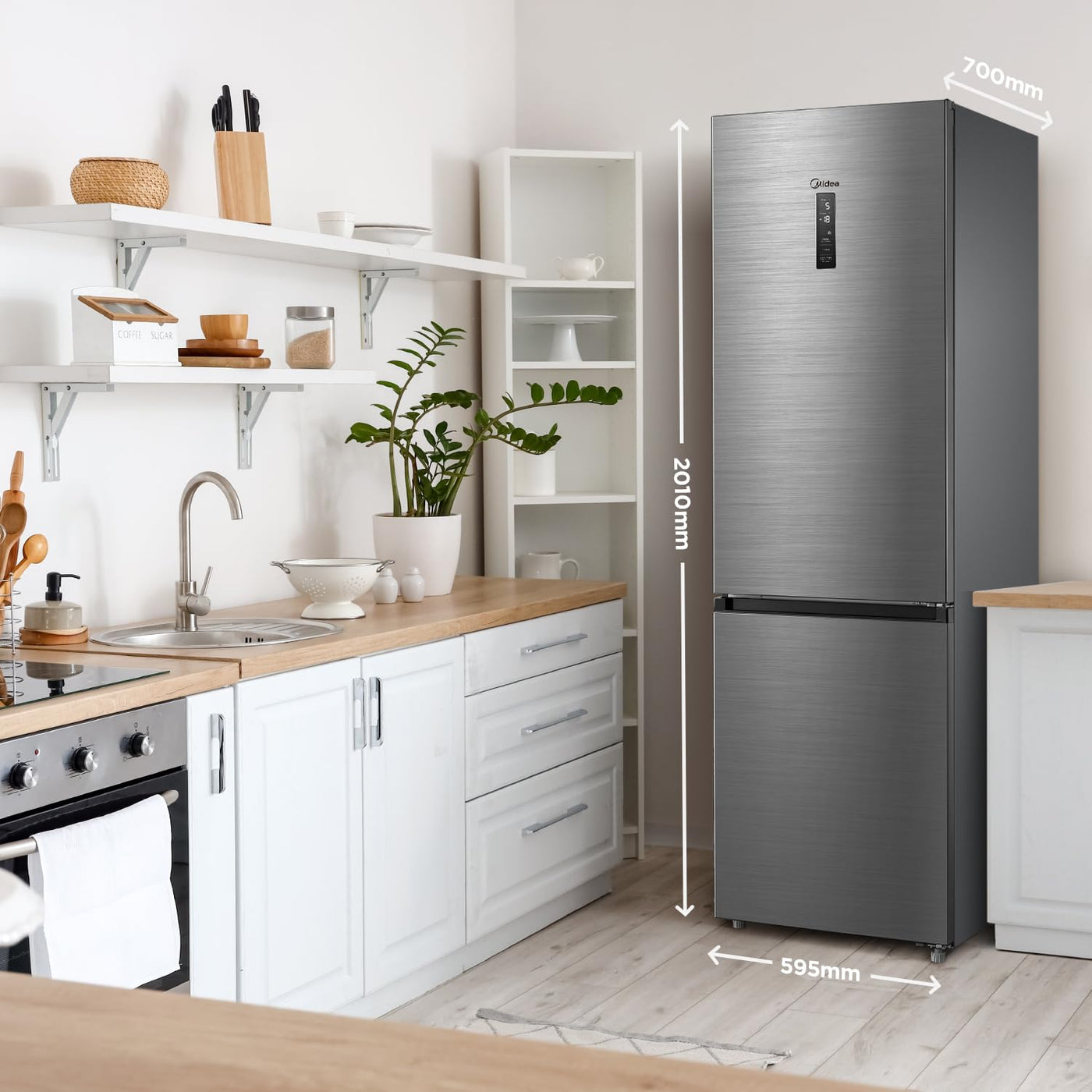 Midea MDRB521MIC46A Kühl-/Gefrierkombination/No Frost/WiFi-Steuerung/Inverter Kompressor/201 cm hoch / 59,5 cm breit /70 cm tiefe/177 kWh/Jahr/256 L Kühlteil/122 L Gefrierteil, Front Inox