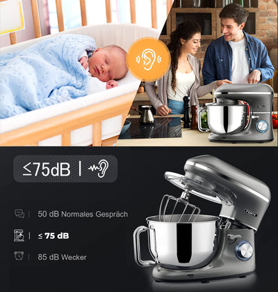 Fentic Küchenmaschine - 2000W - Edelstahl Rührschüssel (6,2 L) - Knetmaschine mit Rührhaken, Knethaken, Schlagbesen und Spritzschutz - Inkl. Schutzhülle und zusätzlichem Zubehör - Anthrazit