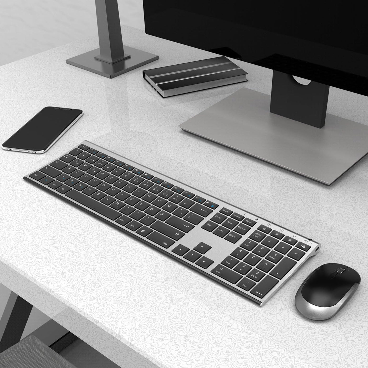 seenda Funktastatur mit Maus, Wiederaufladbare Tastatur Maus Set kabellos für Computer/Laptop, leise klick, Fullsize & QWERTZ Layout(Schwarz & Grau)