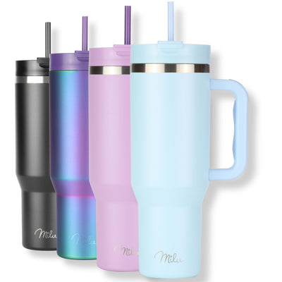 Milu Thermobecher 1200ml mit Strohhalm und Henkel 48h Eis/ 24h kalt/12h heiß Edelstahl Tumbler 40oz mit Griff Isolierbecher to go Isolierflasche Trinkflasche doppelwandig isoliert (Morning Blue, 1,2L)