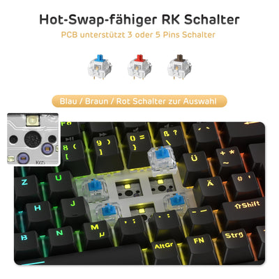 RK ROYAL KLUDGE RK84-DE 75% Gaming-Tastatur, 85 Tasten TKL , Bluetooth Mechanische , Rote Schalter, RGB Hintergrundbeleuchtung, 2.4Ghz für Mac & Windows, Schwarz