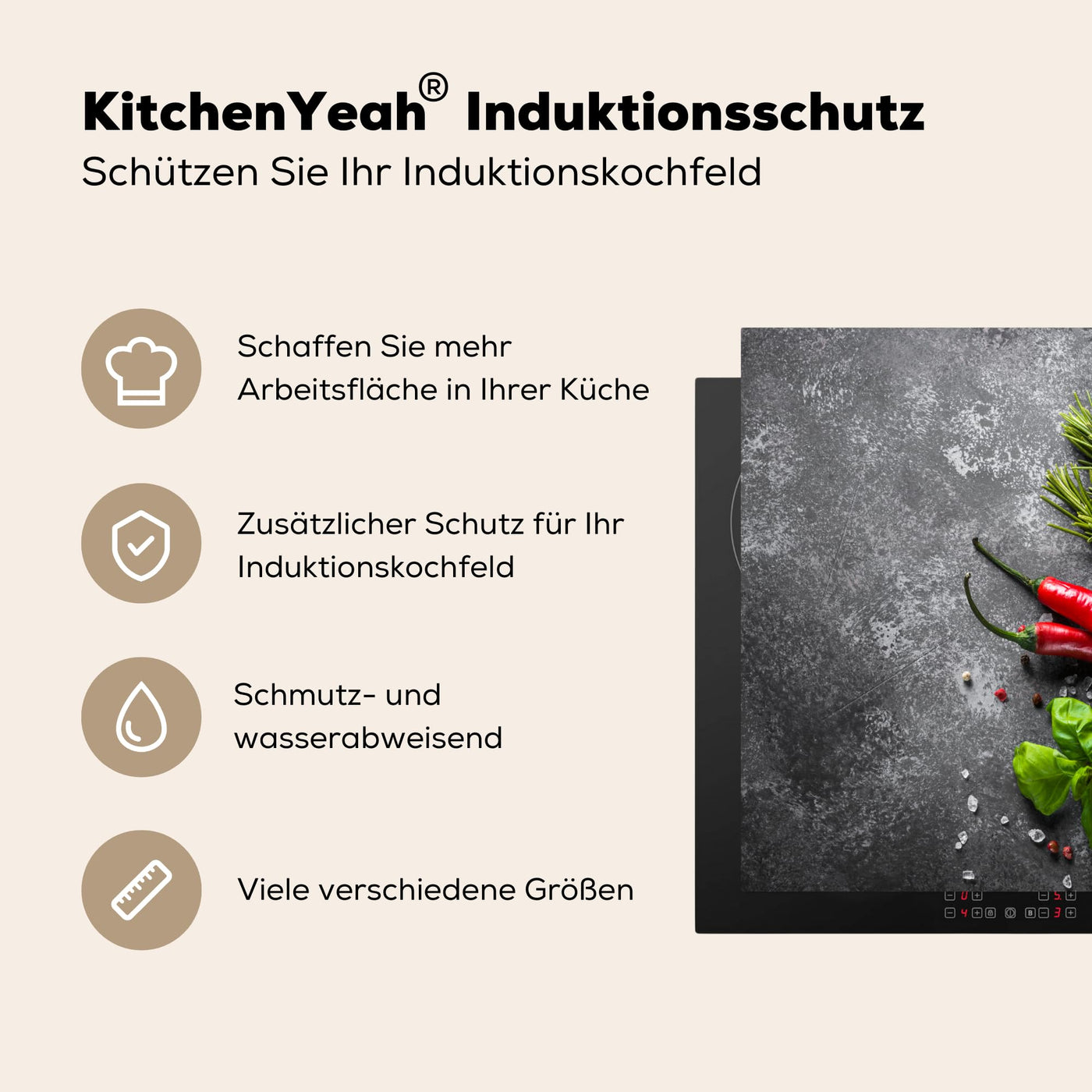 KitchenYeah© Herdabdeckplatte Einteilig Küche Ceranfeld Abdeckplatte Cerankochfeld Abdeckung Induktionskochfeld Schutzmatte Pfeffer - Kräuter - Gewürze - Beton - 60x52 cm