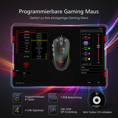 RGB Gaming Maus,Vollion Gamer Maus mit 8 Programmierbare Tasten 7200DPI/RGB-Beleuchtung/Anpassbare Spielprofile,USB-Wired mit ergonomisches Design für MMO, MOBA oder FPS Games für PC/Mac