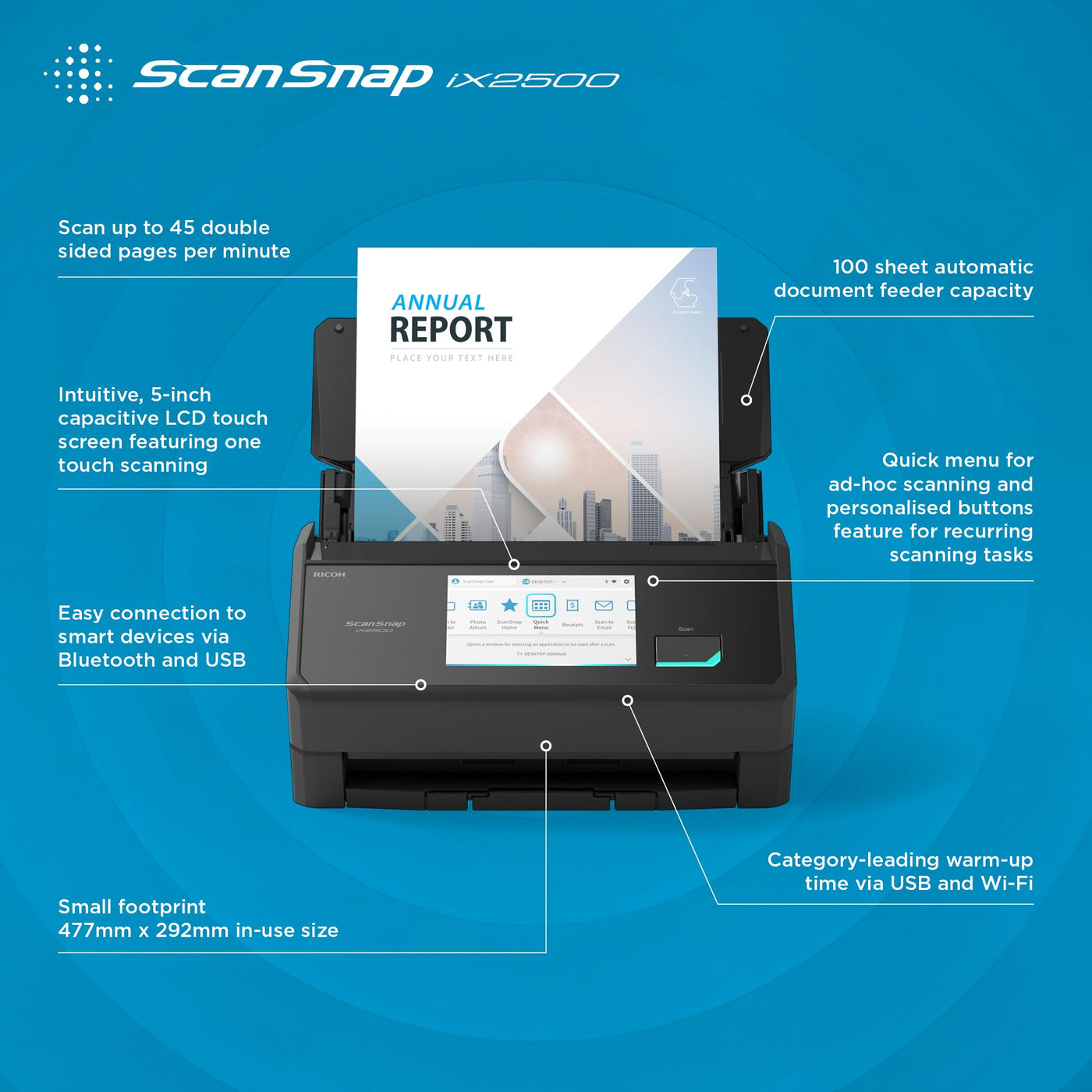 ScanSnap iX2500 Schwarz – Ultraschneller Duplex-Scanner mit 45 S./Min., 100-Blatt-ADF, 600 DPI, 5″ Touchscreen, WLAN/Bluetooth/USB-Konnektivität