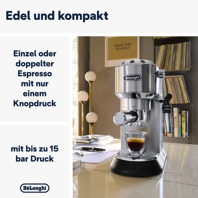 De'Longhi Dedica Style EC 685.M – Espresso Siebträgermaschine, Espressomaschine mit professionellem Milchaufschäumer, nur 15 cm breit, für Kaffeepulver oder ESE Pads, 1 l Wassertank, silber