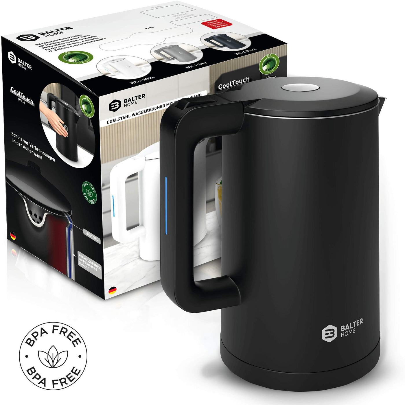 Balter Wasserkocher Edelstahl WK-4, 1,7 Liter, elektrischer Wasserkocher, Doppelwand Design, BPA frei, LED, Teekocher Kompakt, leise (Weiß)