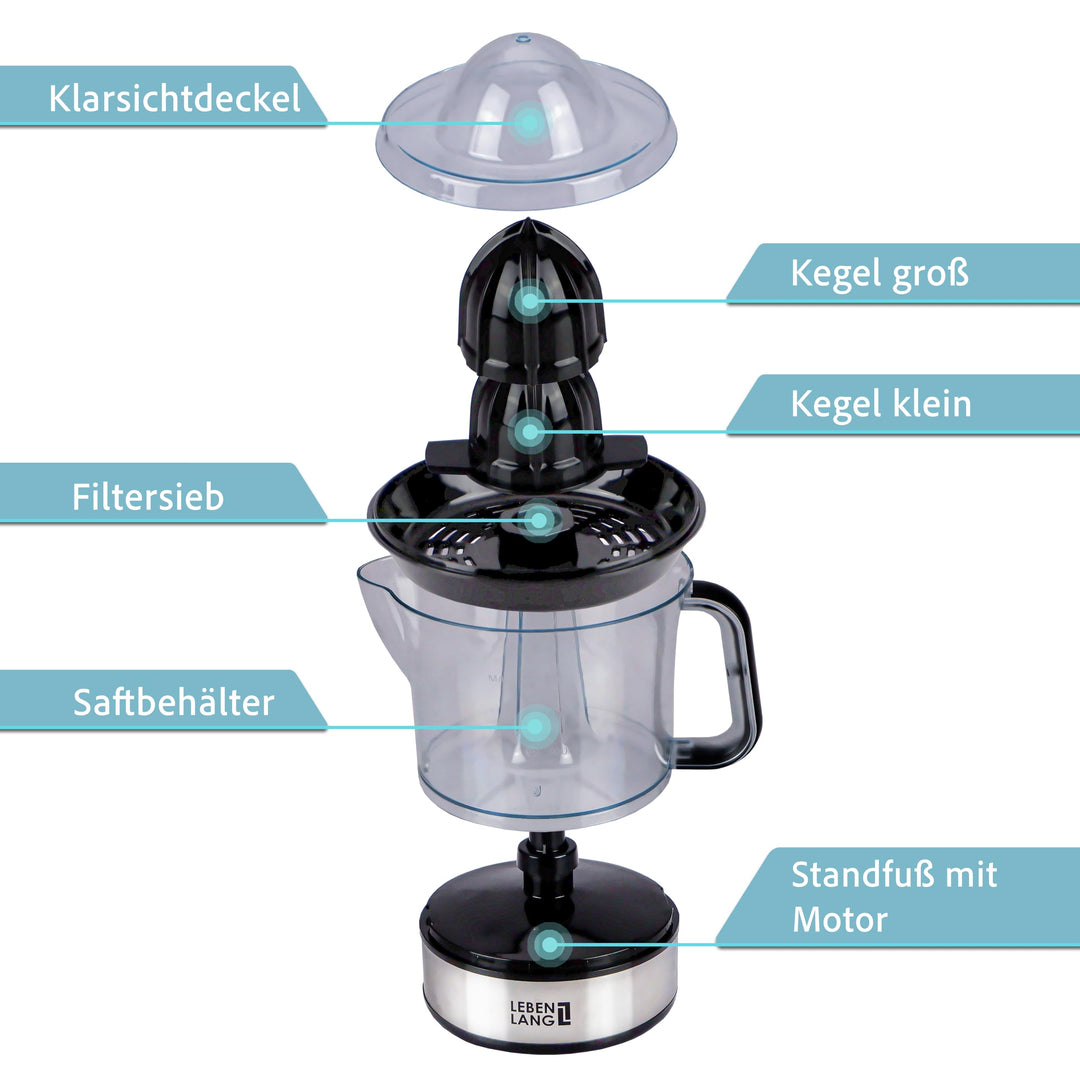 LEBENLANG Elektrische Zitronenpresse – 40 W – 700 Ml Fassungsvermögen – 2 Drehrichtungen – Inkl. 2 Presskegel – Edelstahl – Spülmaschinenfest – BPA-frei