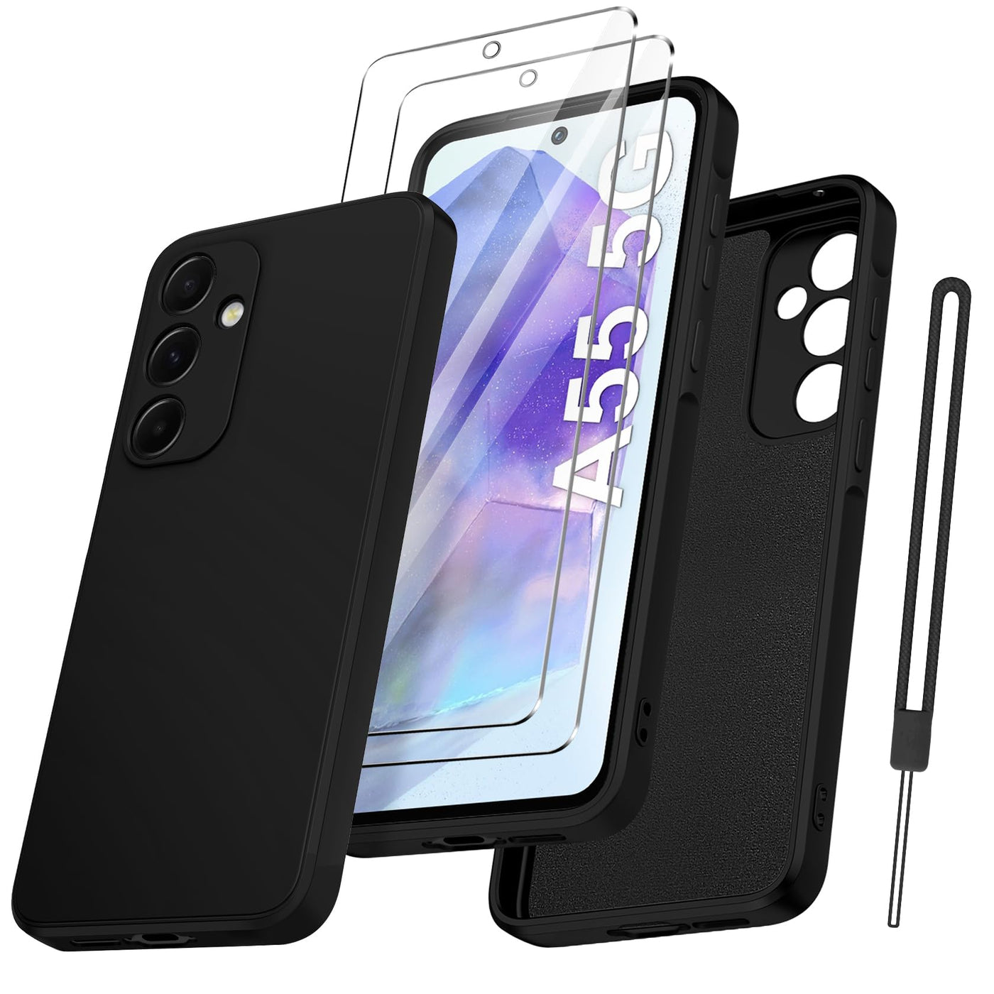 Qasyfanc Handyhülle für Samsung Galaxy A55 5G Hülle mit 2 Stück Schutzfolie, Soft TPU Silikon Case Ultra Dünn Microfiber Kameraschutz Anti-Kratzer Hülle für Samsung Galaxy A55 (Schwarz)