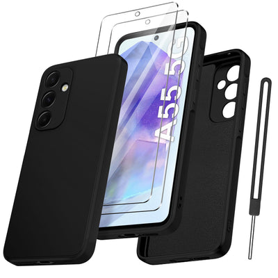 Qasyfanc Handyhülle für Samsung Galaxy A55 5G Hülle mit 2 Stück Schutzfolie, Soft TPU Silikon Case Ultra Dünn Microfiber Kameraschutz Anti-Kratzer Hülle für Samsung Galaxy A55 (Schwarz)